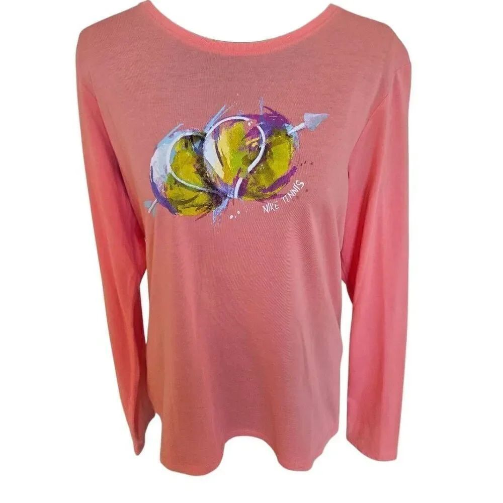 Nike Womens Dri Fit Long Sleeve Peach Tennis Ball Graphic Tee Shirt Large